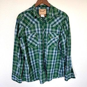 Wrangler Western Pearl Snap Blue and Green Size Large